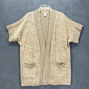 Chicos Sweater Women 1 Medium Tan Open Front Knit Cardigan pockets short Sleeves